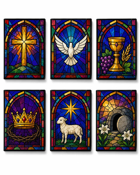 Christian Stained Glass Mini Paint by Numbers Set featuring cross, dove, chalice, lamb and religious symbols in colorful church window style