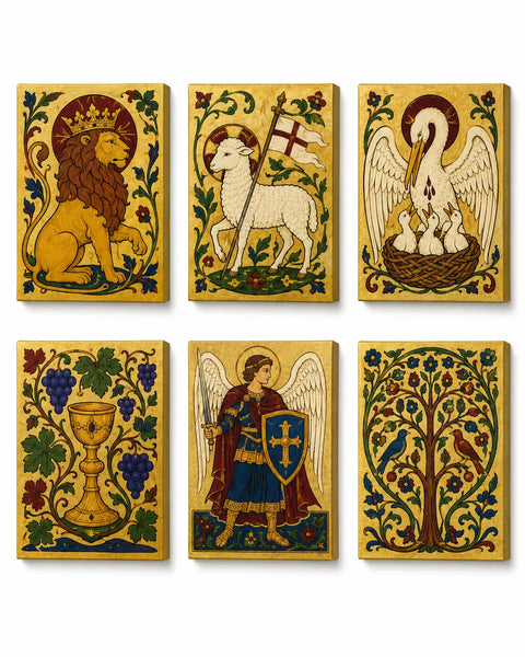 Christian Mini Paint by Numbers Set featuring lion, lamb, pelican, chalice, angel and tree of life religious symbols in vintage stained glass style