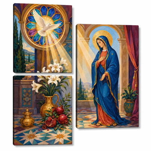 Virgin Mary 3 Panel Paint by Numbers For Adults featuring Mary in blue robes, white dove, lilies and pomegranates in colorful Christian triptych