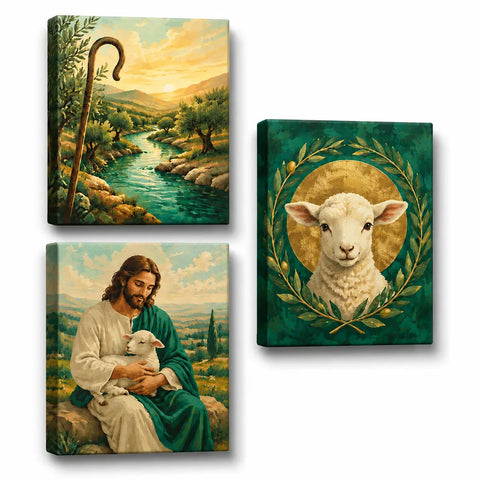 3 Panel Christian Paint by Numbers For Adults featuring Jesus holding lamb, Good Shepherd staff landscape and white lamb with olive branches in coordinated triptych set