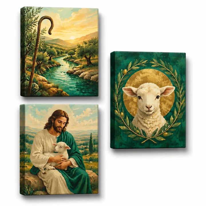 3 Panel Christian Paint by Numbers For Adults featuring Jesus holding lamb, Good Shepherd staff landscape and white lamb with olive branches in coordinated triptych set