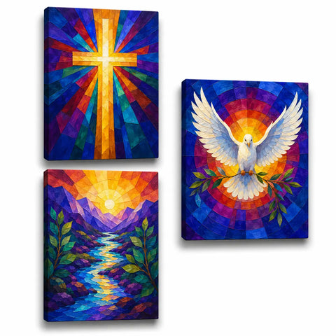 Christian 3 Panel Paint by Numbers For Adults featuring stained glass golden cross, white dove and colorful mountain river in vibrant faith triptych