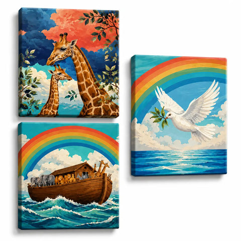 Noah's Ark 3 Panel Paint by Numbers For Adults featuring rainbow ark, white dove with olive branch and giraffe pair in colorful biblical triptych