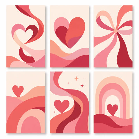 Pink Hearts Mini Paint by Numbers Set (6 in) For Beginners featuring six coordinated abstract designs with flowing ribbons, waves, arches and red pink heart shapes