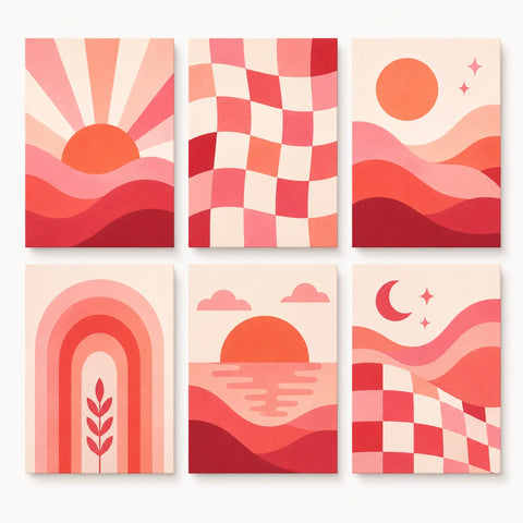 Boho Sunrise Mini Set - PaintEasy paint by numbers design featuring six boho mini canvases with rising suns checkered waves rainbows and moonlit seas in pink and red