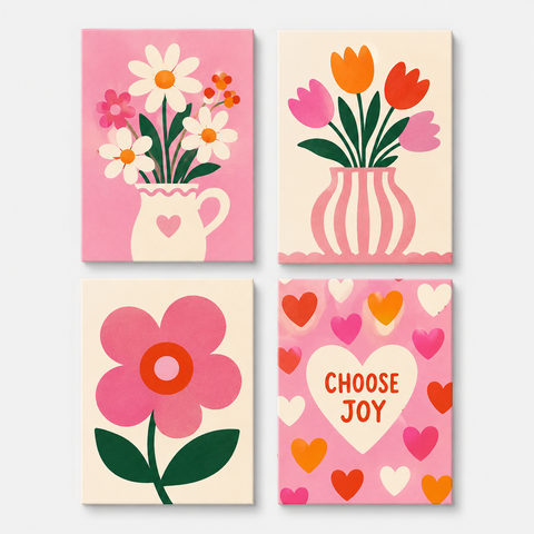 Choose Joy Floral Mini Set - four portrait canvases featuring a daisy bouquet, tulips, a pink flower and Choose Joy hearts
