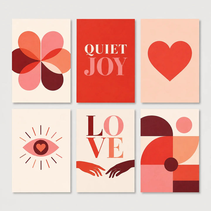 Quiet Joy Mini Set - PaintEasy paint by numbers design featuring six modern mini canvases with soft blooms eye motifs and a quiet joy poster