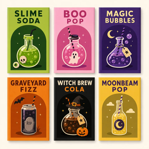 Six rectangular Halloween mini paintings labeled Slime Soda, Boo Pop, Magic Bubbles, Graveyard Fizz, Witchbrew Cola and Moonbeam Pop, featuring colorful potion bottles and a soda can.