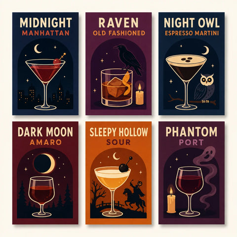 Six Halloween drink mini paintings: Midnight Manhattan, Raven Old Fashioned, Night Owl Espresso Martini, Dark Moon Amaro, Sleepy Hollow Sour and Phantom Port.