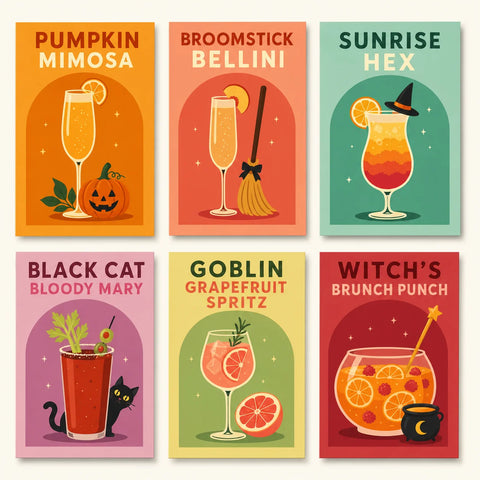 Halloween Portable Mini Paint by Numbers Set for beginners featuring six retro cocktails with pumpkin, broomstick, witch hat, black cat and citrus drinks