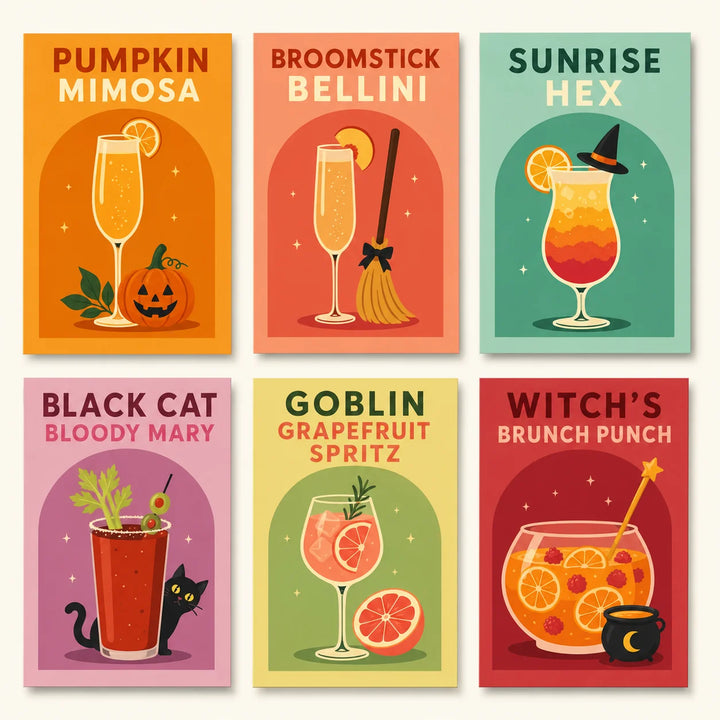 Halloween Portable Mini Paint by Numbers Set for beginners featuring six retro cocktails with pumpkin, broomstick, witch hat, black cat and citrus drinks