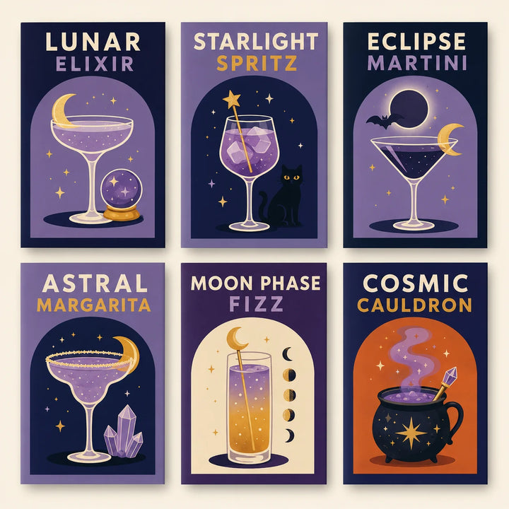 Six celestial cocktail mini paintings featuring Lunar Elixir, Starlight Spritz, Eclipse Martini, Astral Margarita, Moon Phase Fizz and Cosmic Cauldron.