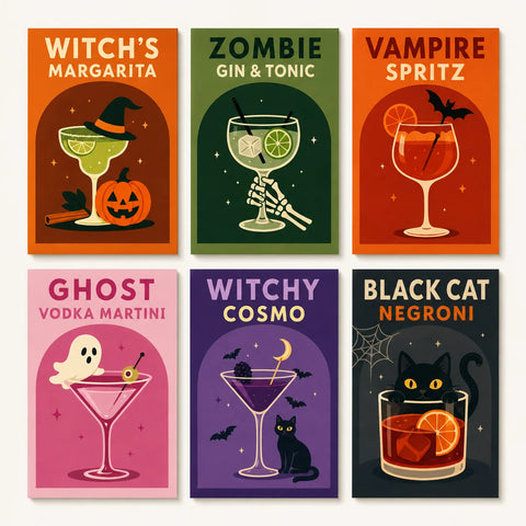 Six Halloween cocktail illustrations featuring a witch-hat margarita, skeletal hand holding gin and tonic, vampire spritz, ghost martini and two black cat drink scenes.