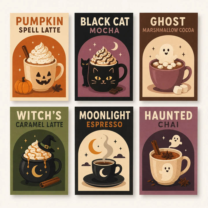 Six Halloween café mini paintings featuring pumpkin latte, black cat mocha, ghost marshmallow cocoa, witch’s caramel latte, moonlight espresso and haunted chai.