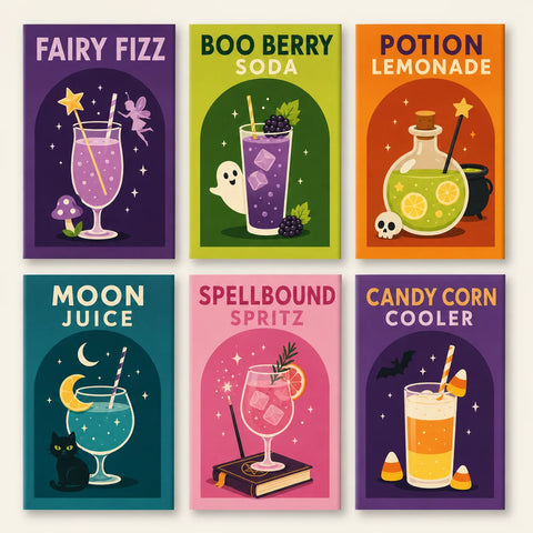 Six colorful Halloween drink illustrations featuring Fairy Fizz, Boo Berry Soda, Potion Lemonade, Moon Juice, Spellbound Spritz and Candy Corn Cooler.