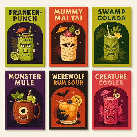 Six Halloween cocktail mini paintings labeled Franken-Punch, Mummy Mai Tai, Swamp Colada, Monster Mule, Werewolf Rum Sour and Creature Cooler, featuring monster-faced drinkware.