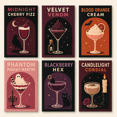 Six Gothic cocktail mini paintings featuring cherry fizz, Velvet Venom, orange cream, a ghost parfait, blackberry cocktail with a black cat and a candlelit cordial.