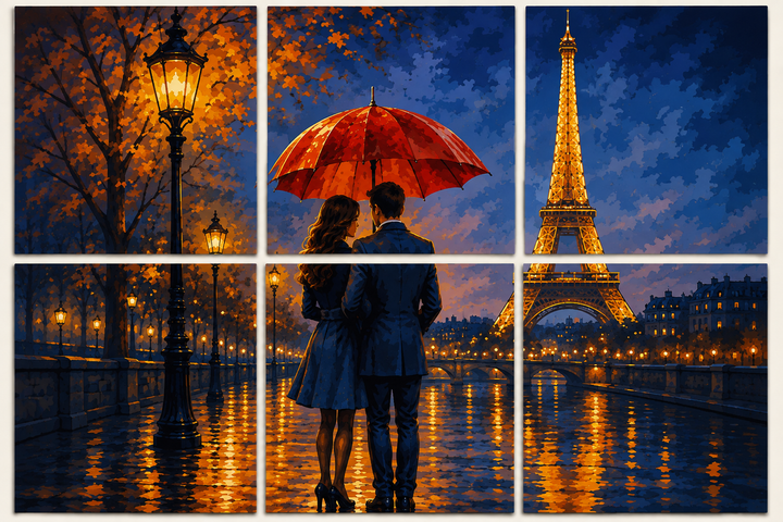 Evening in Paris - PaintEasy paint by numbers design featuring six mini canvases of a couple with a red umbrella by the eiffel tower at night
