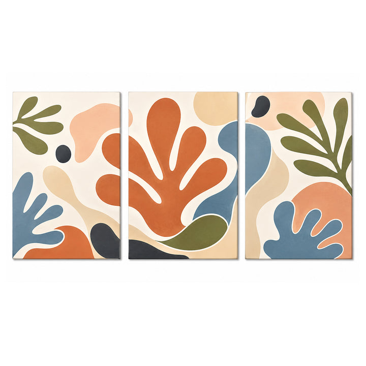 3 Panel abstract triptych Paint by Numbers wall art with organic shapes, flowing curves, terracotta beige blue green color blocks and modern minimalist design
