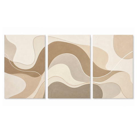 3 Panel abstract triptych Paint by Numbers wall art with neutral wavy lines, flowing curves, beige taupe cream color blocks and minimalist modern design