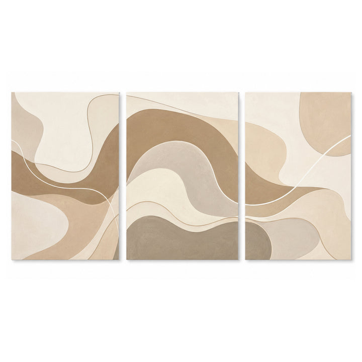 3 Panel abstract triptych Paint by Numbers wall art with neutral wavy lines, flowing curves, beige taupe cream color blocks and minimalist modern design