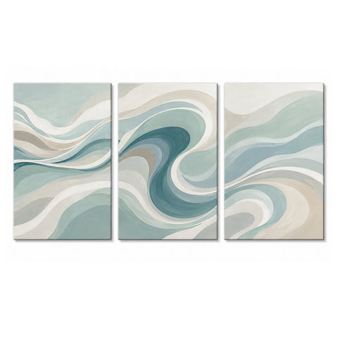 3 Panel abstract triptych Paint by Numbers wall art with ocean wave flow, layered blue green curves, cream tones and modern coastal abstract design