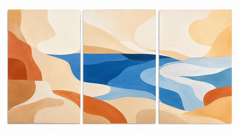 3 Panel abstract triptych Paint by Numbers wall art with desert river landscape, blue flowing water, beige sand tones, terracotta curves and modern minimalist design