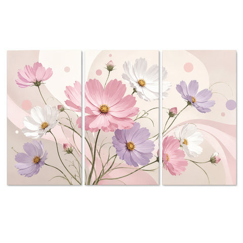 3 Panel floral triptych Paint by Numbers wall art with pink cosmos flowers, white and lavender blooms, delicate stems, pastel botanical design
