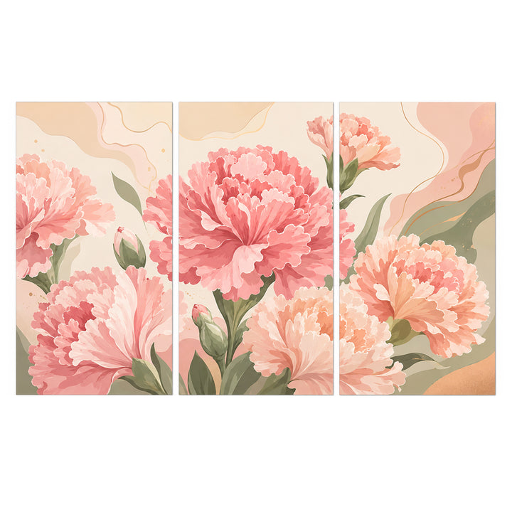 3 Panel floral triptych Paint by Numbers wall art with pink peony blossoms, layered petals, green leaves, pastel botanical design and elegant flower arrangement