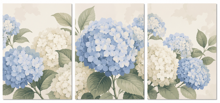 3 Panel floral triptych Paint by Numbers wall art with blue hydrangea flowers, white blooms, green leaves, soft botanical details and elegant garden design