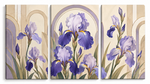 3 Panel floral triptych Paint by Numbers wall art with purple iris flowers, lavender petals, green leaves, arch background details and elegant botanical design