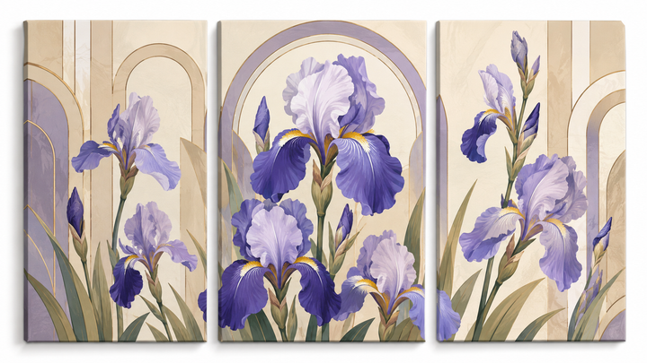3 Panel floral triptych Paint by Numbers wall art with purple iris flowers, lavender petals, green leaves, arch background details and elegant botanical design