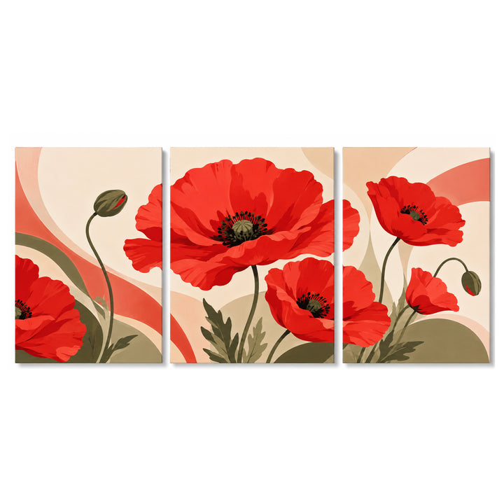3 Panel floral triptych Paint by Numbers wall art with red poppy flowers, green stems, unopened buds, curved background details and elegant botanical design