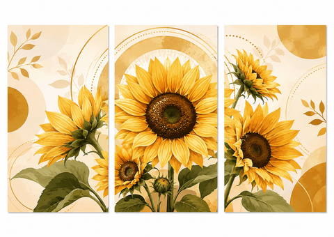 3 Panel floral triptych Paint by Numbers wall art with golden sunflower blossoms, yellow petals, green leaves, decorative circles and warm botanical design