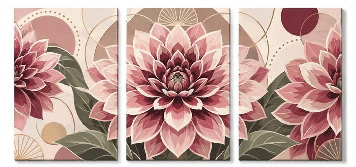 3 Panel floral triptych Paint by Numbers wall art with pink dahlia flowers, layered petals, burgundy accents, green leaves and elegant botanical design