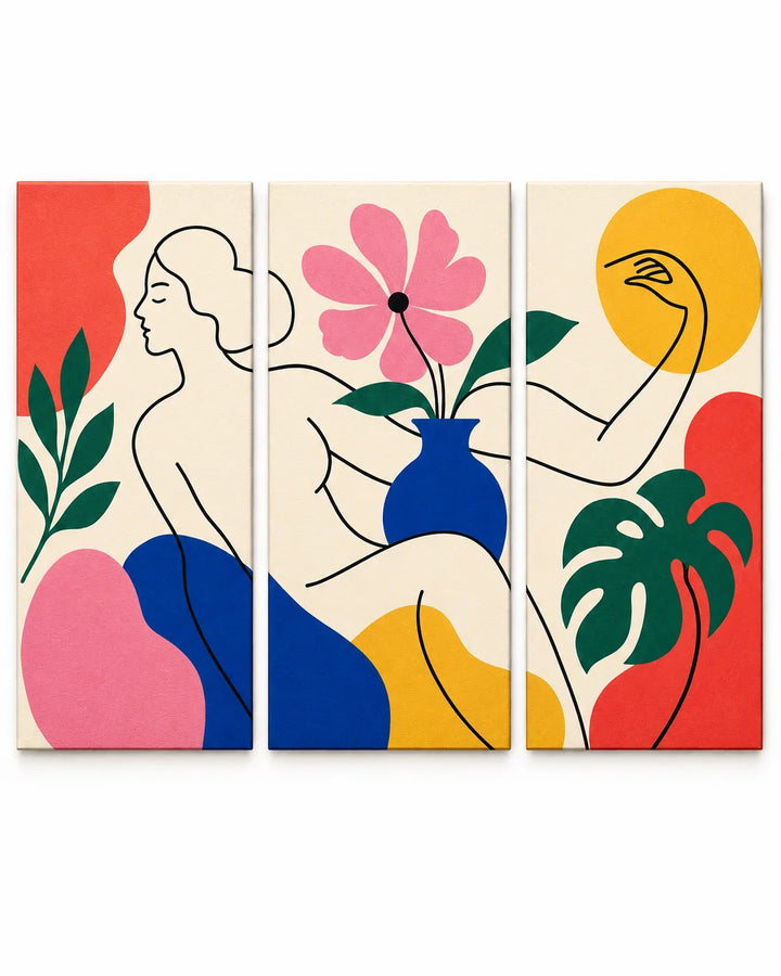 Paint by numbers triptych featuring minimalist line art of a woman with a blue vase and pink flower, surrounded by tropical leaves and bold pink, blue, yellow, red, and green abstract shapes.