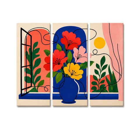 Paint by numbers triptych featuring colorful flowers in a blue vase by an open window, surrounded by lush green leaves, warm sunlight, and bold red, blue, yellow, and pink abstract shapes.