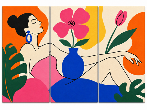3 Panel portrait triptych Paint by Numbers wall art with modern woman figure, pink flower, blue vase, abstract shapes and colorful contemporary design