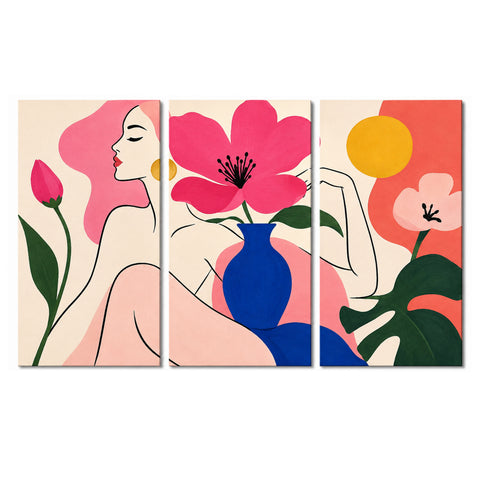 3 Panel portrait triptych Paint by Numbers wall art with minimalist woman line art, pink hair silhouette, flower vase, large blossoms and modern floral illustration