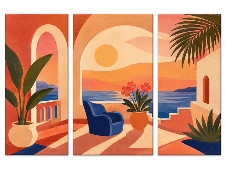 3 Panel landscape triptych Paint by Numbers wall art with Mediterranean coastal sunset, ocean view, arched architecture, tropical plants and modern seaside design