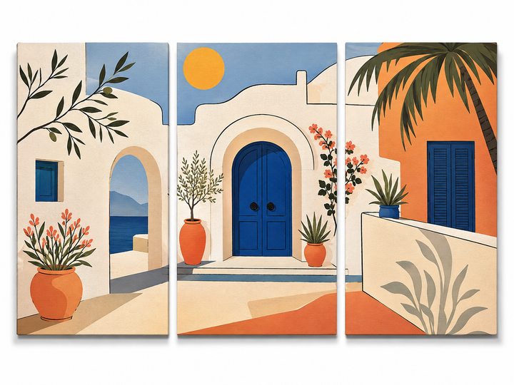3 Panel landscape triptych Paint by Numbers wall art with Mediterranean blue door house, white architecture, ocean view, terracotta pots and coastal plants