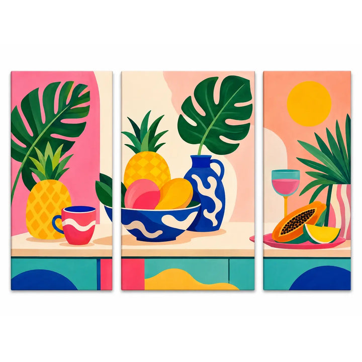 Paint by numbers triptych featuring colorful tropical fruit still life with pineapple, papaya, mangoes, monstera leaves, blue ceramics, and a cocktail in vibrant retro colors.