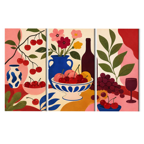 3 Panel food and drink triptych Paint by Numbers wall art with cherries, fruit bowl, wine bottle, wine glass, flowers and colorful still life design