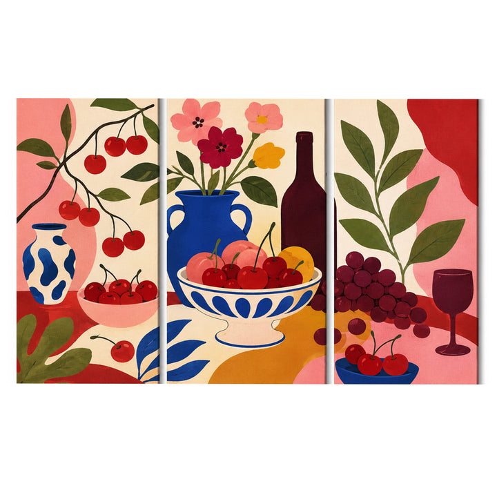 3 Panel food and drink triptych Paint by Numbers wall art with cherries, fruit bowl, wine bottle, wine glass, flowers and colorful still life design