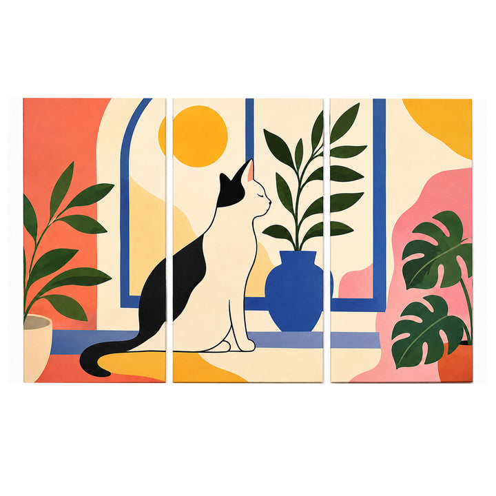 3 Panel animal triptych Paint by Numbers wall art with black and white cat, blue vase, green plants, abstract window shapes and modern pet design