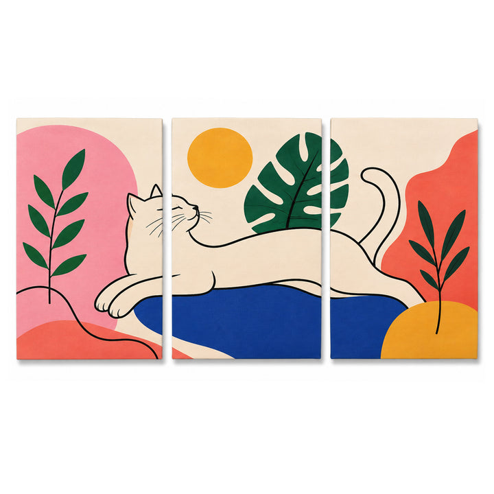 3 Panel animal triptych Paint by Numbers wall art with minimalist cat silhouette, tropical monstera leaves, abstract shapes, blue background and modern pet design