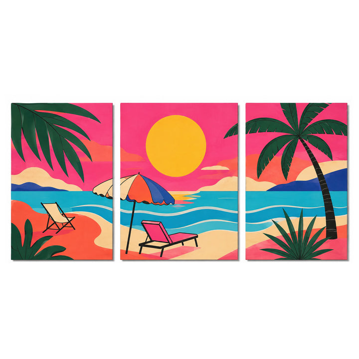 3 Panel landscape triptych Paint by Numbers wall art with tropical sunset beach, palm trees, ocean waves, beach chairs, umbrella and colorful coastal design
