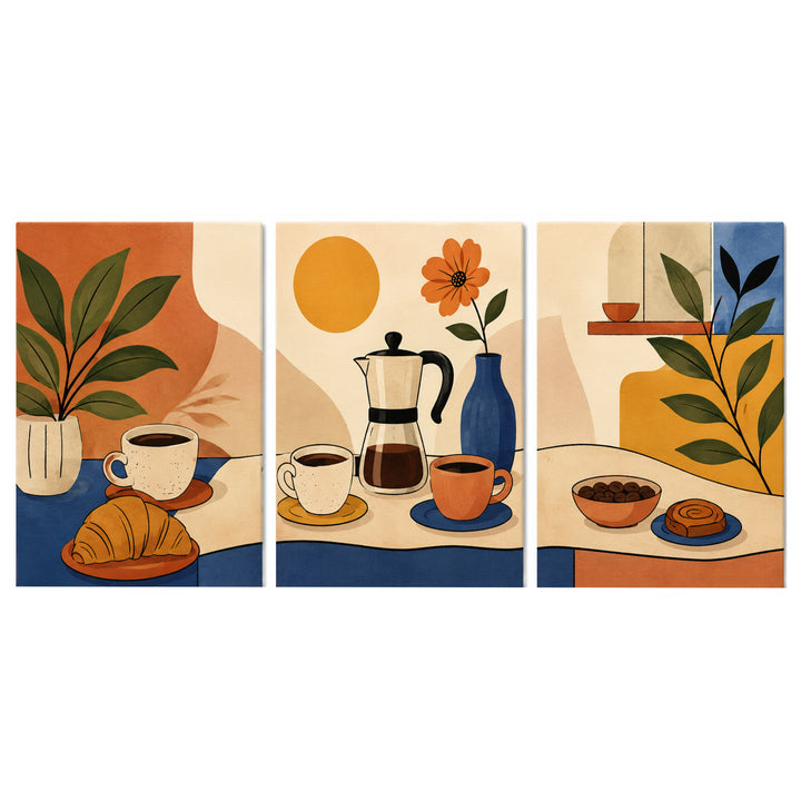 3 Panel food and drink triptych Paint by Numbers wall art with coffee cups, croissant, moka pot, cinnamon roll, coffee beans, flowers and cozy cafe design