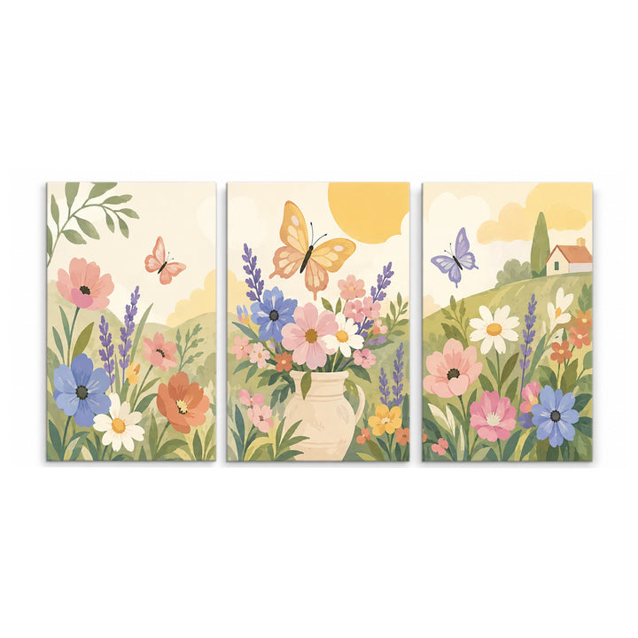 3 Panel butterfly triptych Paint by Numbers wall art with cottage garden, colorful butterflies, wildflowers, lavender, flower vase and countryside house