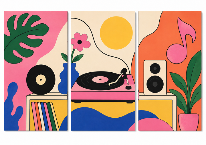 3 Panel abstract triptych Paint by Numbers wall art with vinyl record player, turntable, speakers, musical notes, books and colorful modern music design